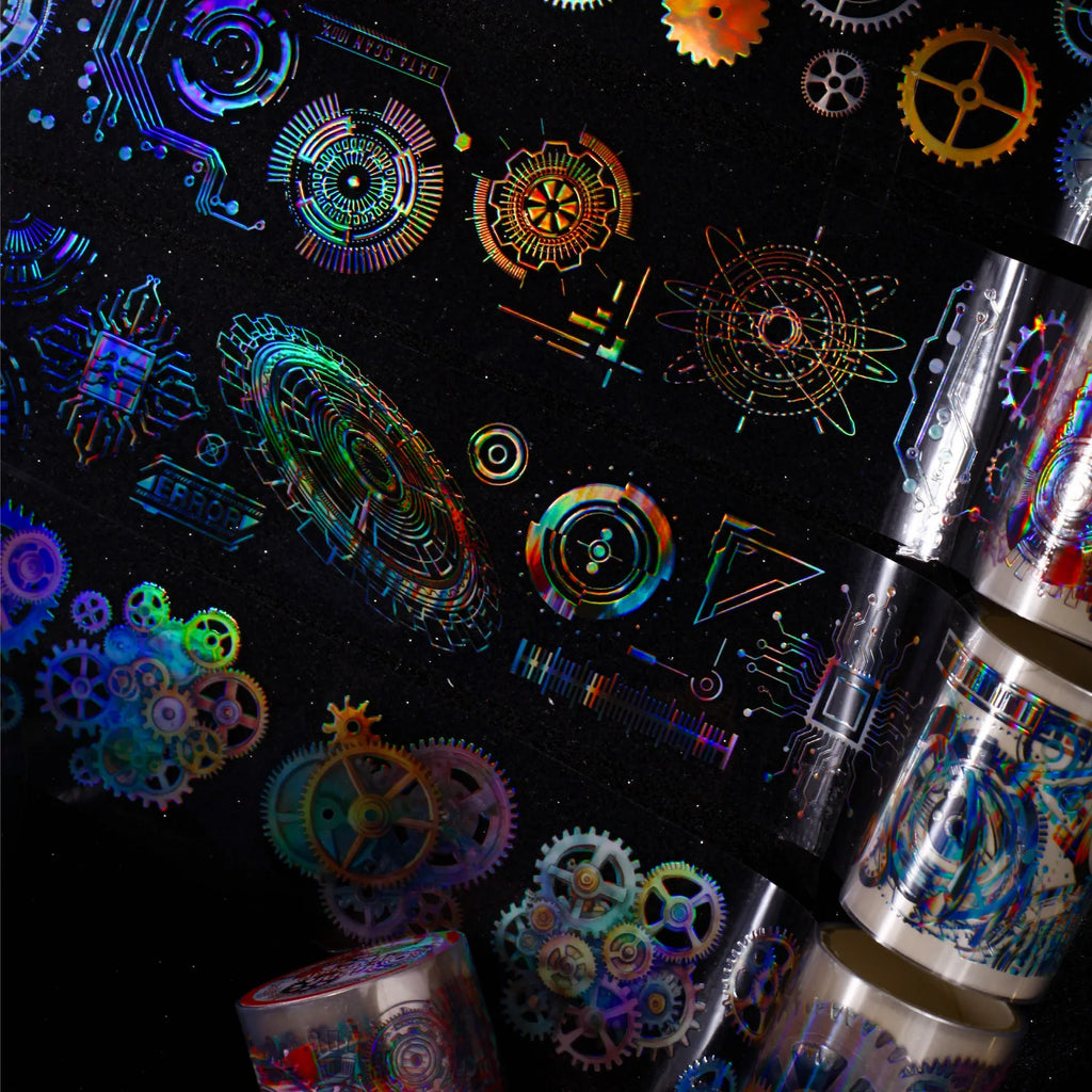 1 Roll Rainbow Gear PET Tape for Scrapbooking Journal DIY Decoration, Phone Case, Laptop, Collage Art Supplies Qme