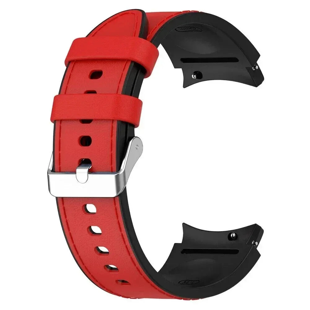 Silicone+Leather Strap For Samsung Galaxy Watch 7 6 4/5 Pro 40mm 44mm Band 6 4 Classic 47 43mm 46mm Replacement Correa Bracelet Qme Red Silver Galaxy Watch 7FE 40