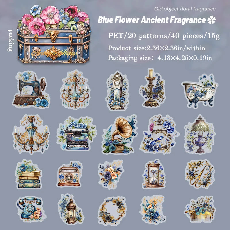 40 pcs Vintage Transparent PET Stickers pack INS Flowers Old items Decorative Scrapbooking material Diy junk journal supplies Qme C
