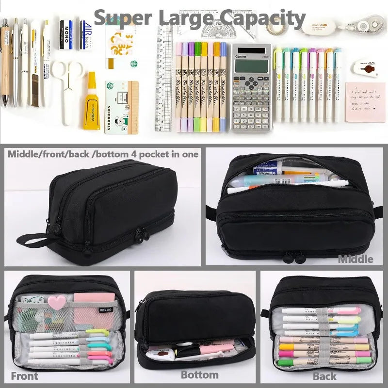 Large Capacity 4 Compartments Pencil Pouch Bag Zipper Portable Handle Qme