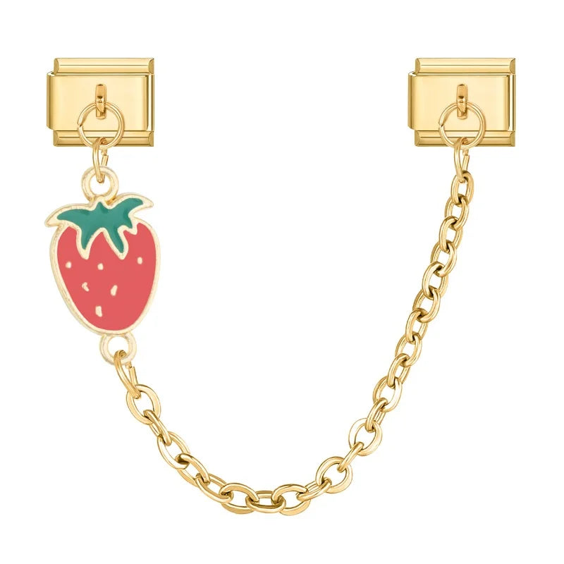 Shiny Zircon Red Apple Fruit Strawberry Cherry Chain Italian Charm Links Fit 9MM Bracelet Stainless Steel Women DIY Making Gifts Qme Style 6