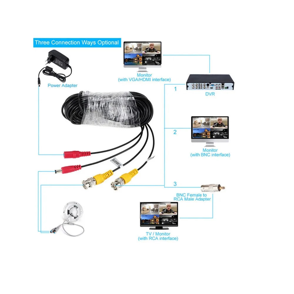 ESCAM 5M to 60M Meters BNC Video And Adapter Power 12V DC Integrated Cable for Analog CCTV DVR Camera System Kit Qme