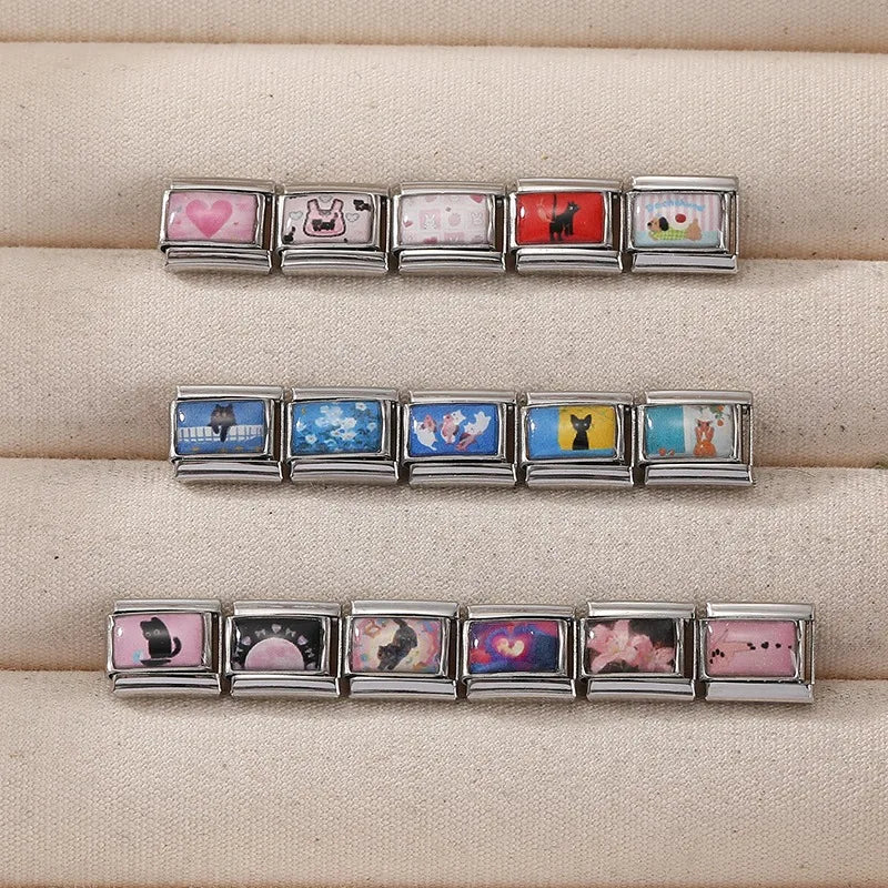 Wholesale Y2K Plastic Bag Lovely Cats Dogs Flowers Italian Charms Fit 9mm Stainless Steel Women Men Bracelet DIY Making Jewelrys Qme