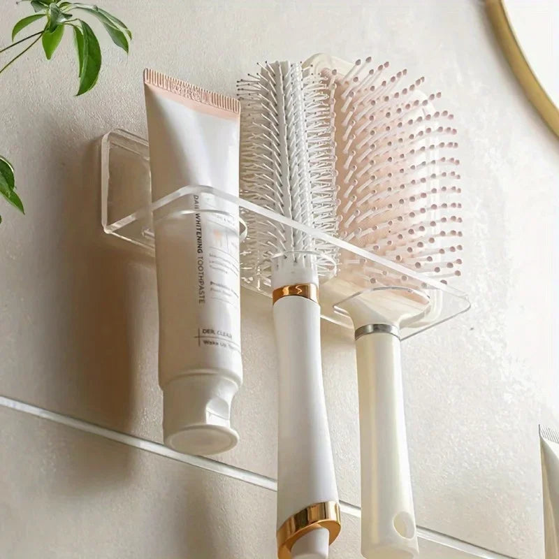 1pc Wall-Mounted Acrylic Hair Brush Holder – Clear Plastic Bathroom Organizer | No-Drill Vanity Storage Rack | Holds Combs Qme