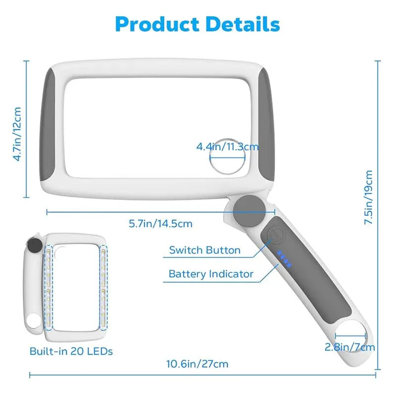 A02F-Foldable Handheld Reading Magnifying Glass, Rechargeable 2/8/20X Full-Page Book Magnifier With Built-In Light- Gray Color Qme