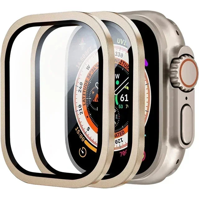 2PCS Tempered Glass For Apple Watch Ultra 49mm Screen Protector Anti-Scratch HD Metal Bumper Full Film for IWatch Ultra 49mm Qme 2PCS Gold For Ultra 1 2 49MM