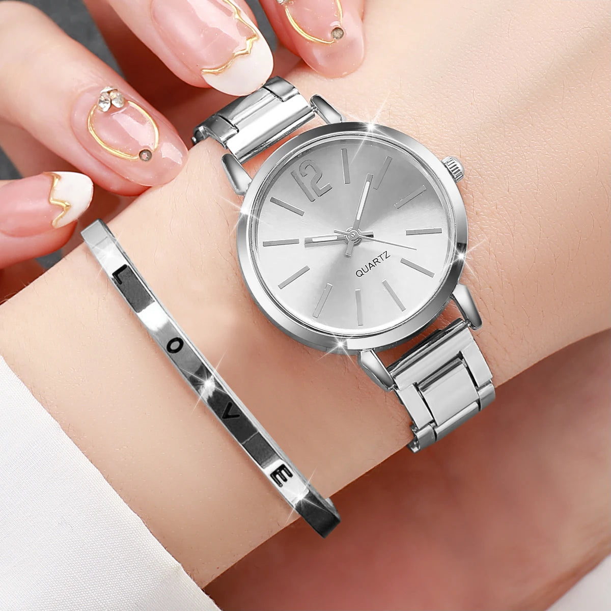 Classic Minimal Sunray Dial Women Quartz Watch Jewelry Pack, Shiny Gold Stainless Steel Watch with Engraved LOVE Cuff Bracelet Qme Silver Set