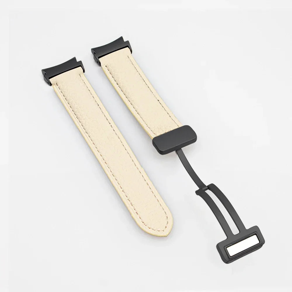 No Gaps Leather Band for Samsung Galaxy Watch 6 5 4 40mm 44mm 4/6Classic 46mm 42 43 47mm 5 Pro 45mm Magnetic Buckle Watch Strap Qme white-b Watch 6 Classic 43mm