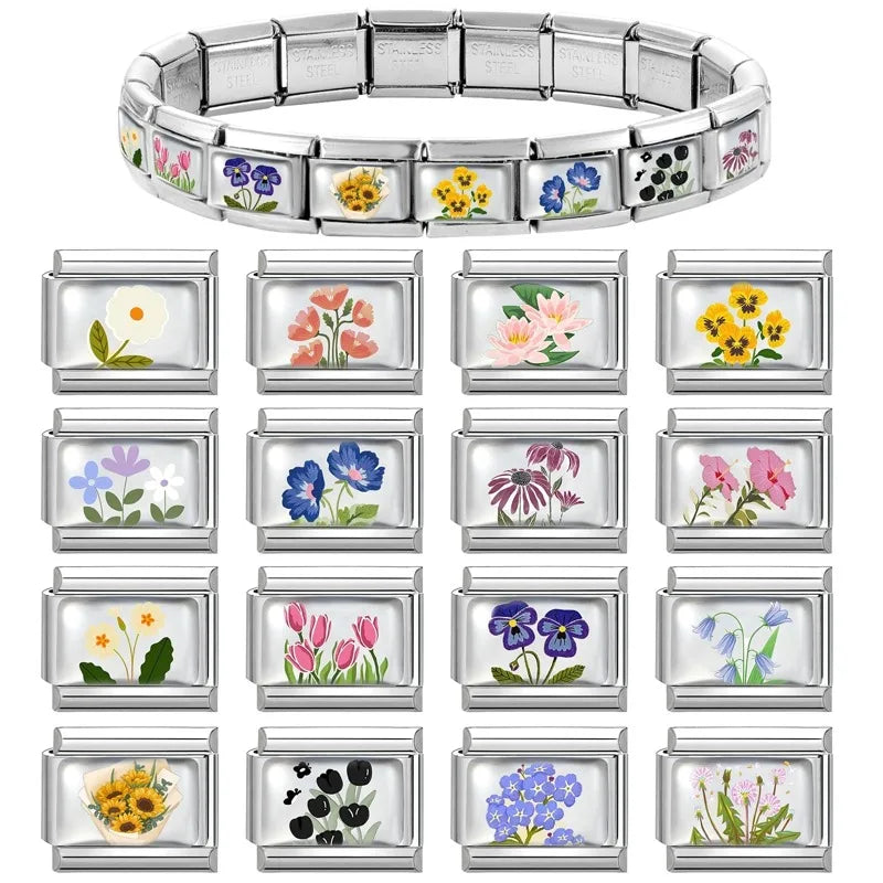 Colorful Brilliant Flowers Sunflower Lotus Tulip Charm Italian Link Fit 9mm Stainless Steel Bangles DIY Making Jewelry Bracelets Qme