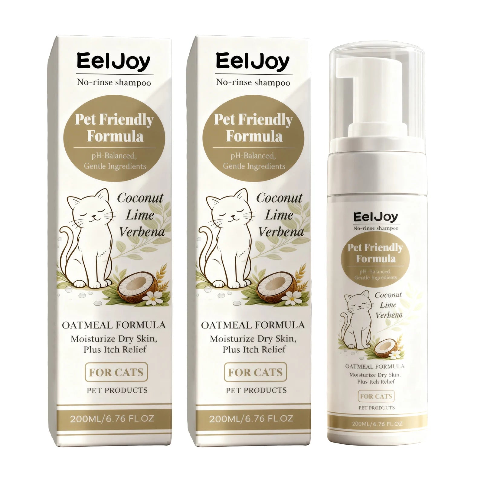 Fragrant Cat Shampoo Moisturizing Remove Dirt Reduce Odors Control Oil Relieve Itching No-Rinse Hypoallergenic Cat Shampoo Foam Qme 2 x 200ml Boxed
