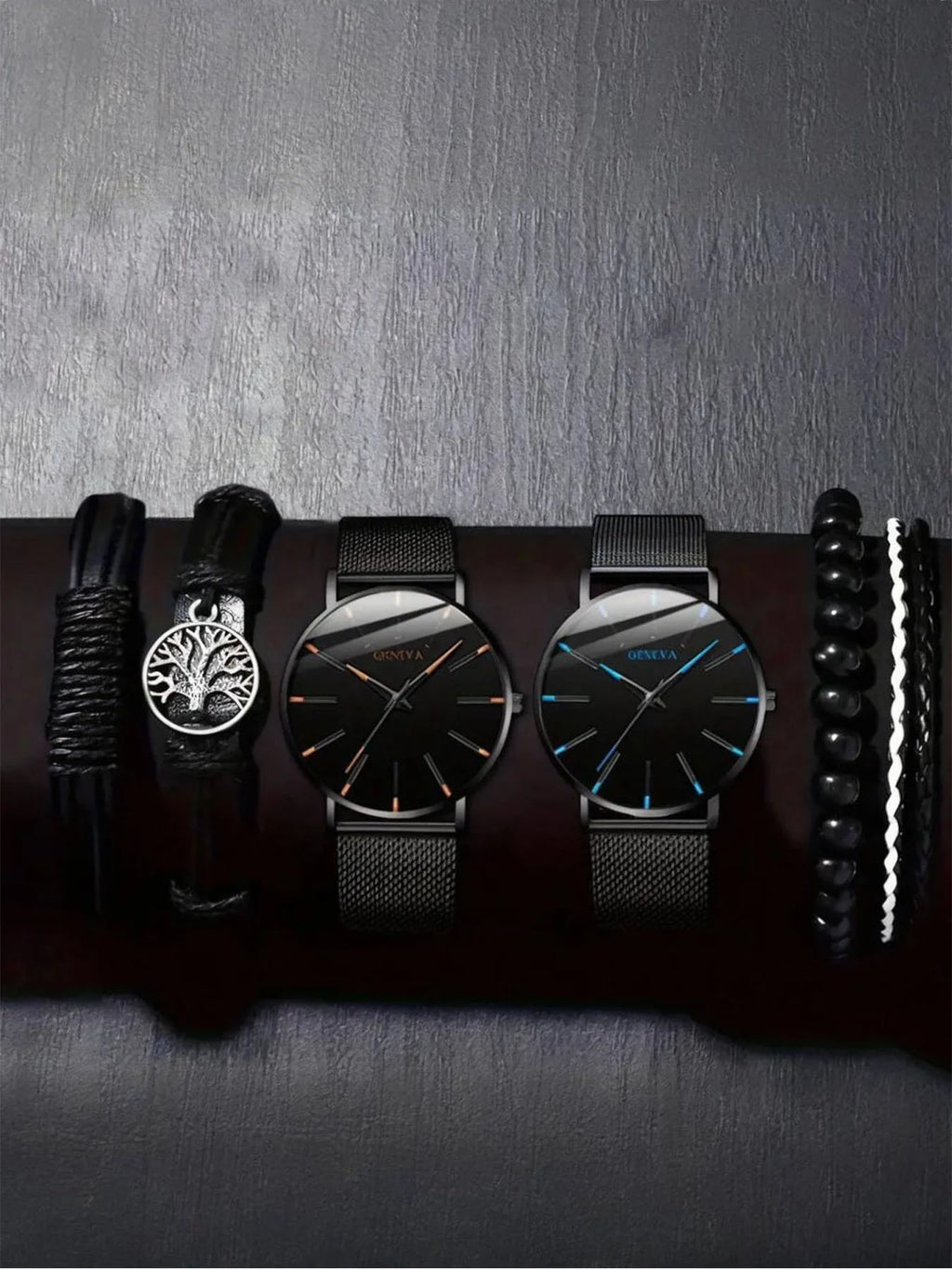 6-piece Fashion Blue Needle Men's Watch Men's Watch Quartz Watch Mesh Belt Set Qme Blue Curacao No