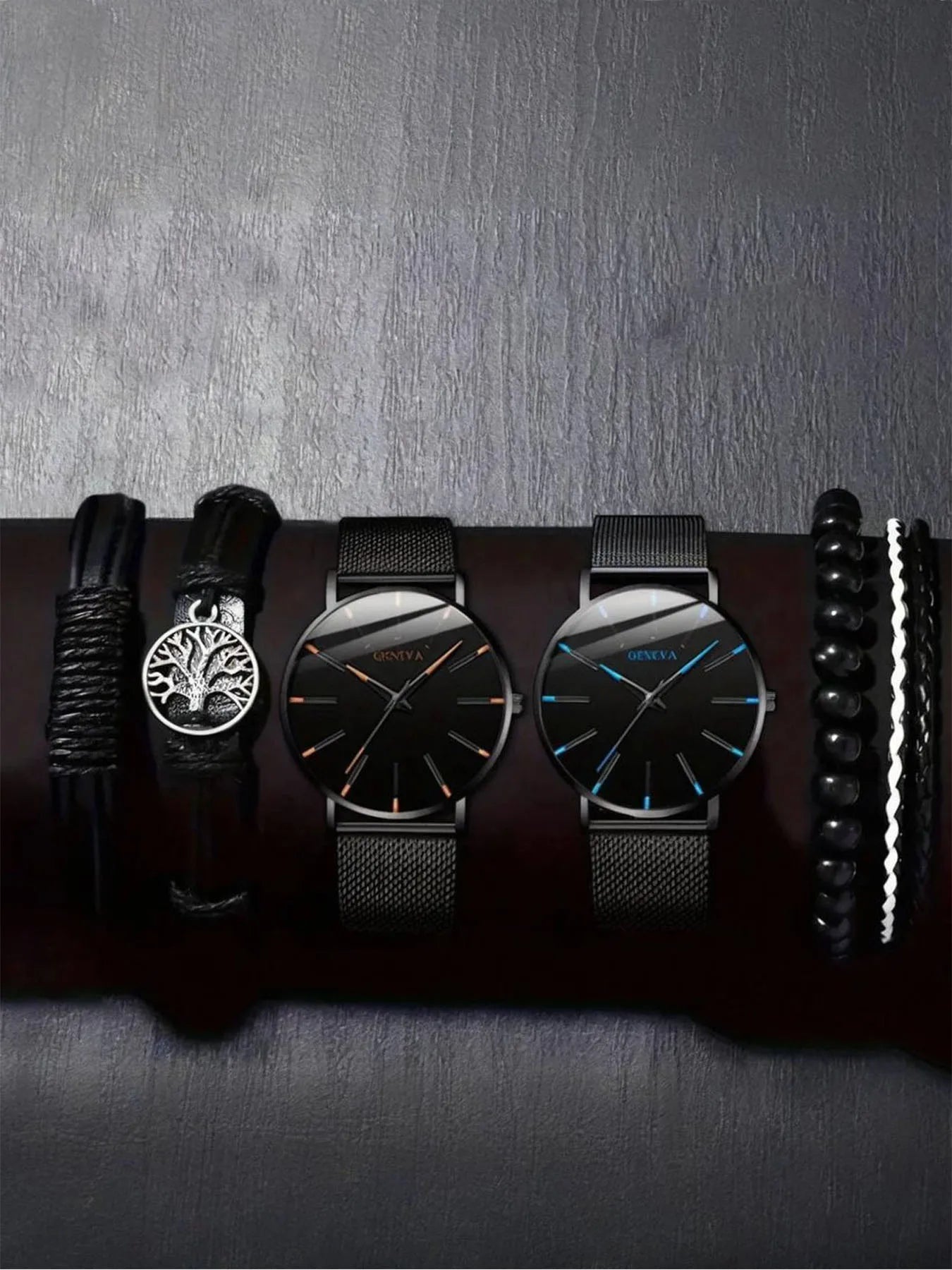 6-piece Fashion Blue Needle Men's Watch Men's Watch Quartz Watch Mesh Belt Set Qme Blue Curacao No