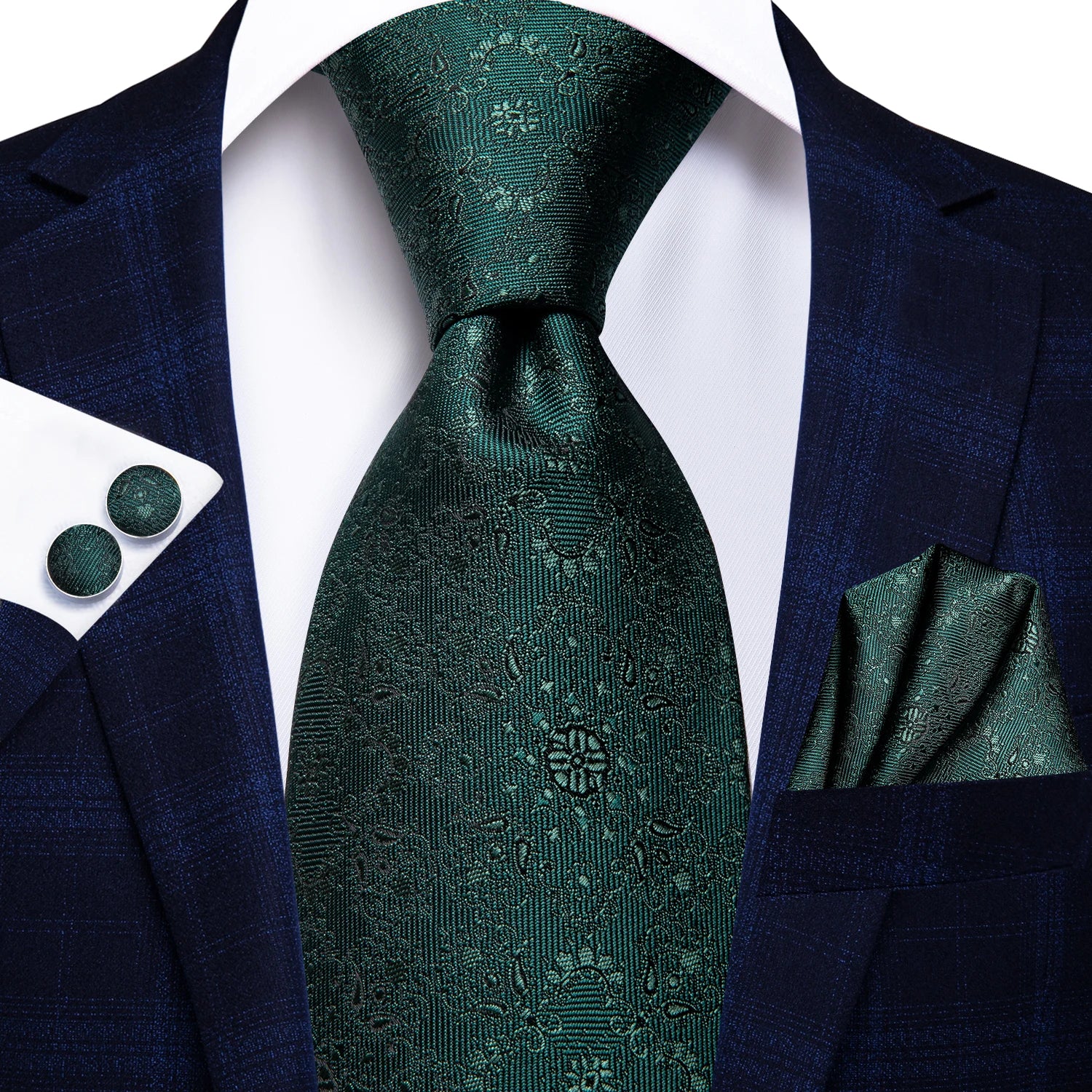 Hi-tie Paisley Dark Green Black Mens Elegant Necktie Handkerchief