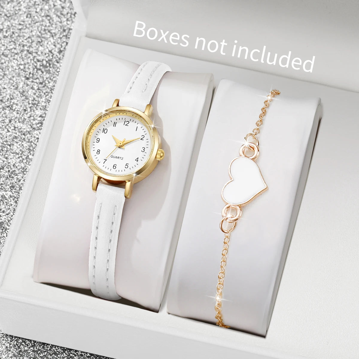 2Pcs/Set Women's Gold Jewelry Watch Set, White Dial Quartz Watch + White Heart Bracelet, Elegant Fashion Style Qme