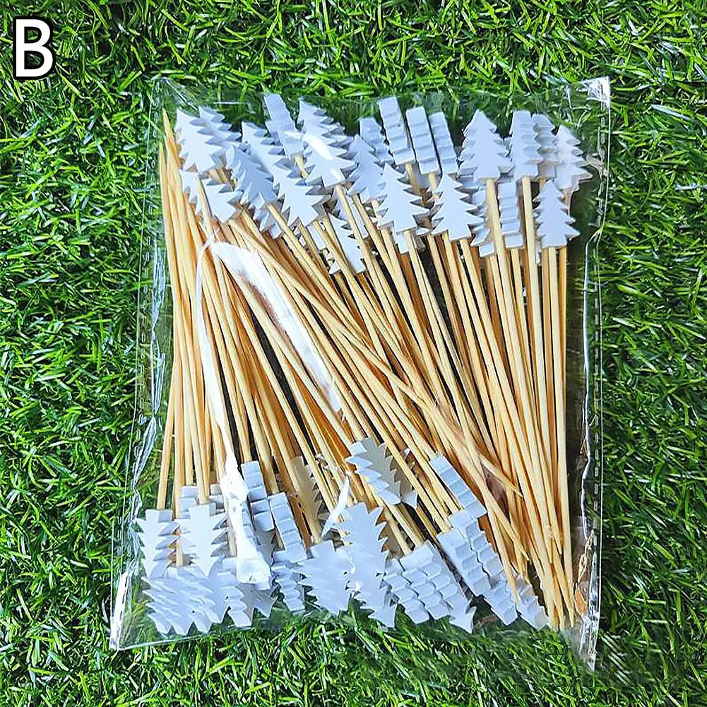 50Pcs/set Christmas Fruit Sticks Disposable Bamboo Sticks Snowflake Christmas Tree Elk Santa Claus Snowman Sticks Xmas Ornaments Qme White Christmas tree