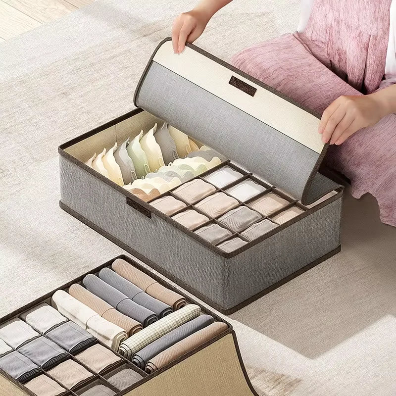 Underwear Storage Box Cotton And Linen Six-compartment Compartment With Lid Underwear Box With Compartments Drawer Style Qme