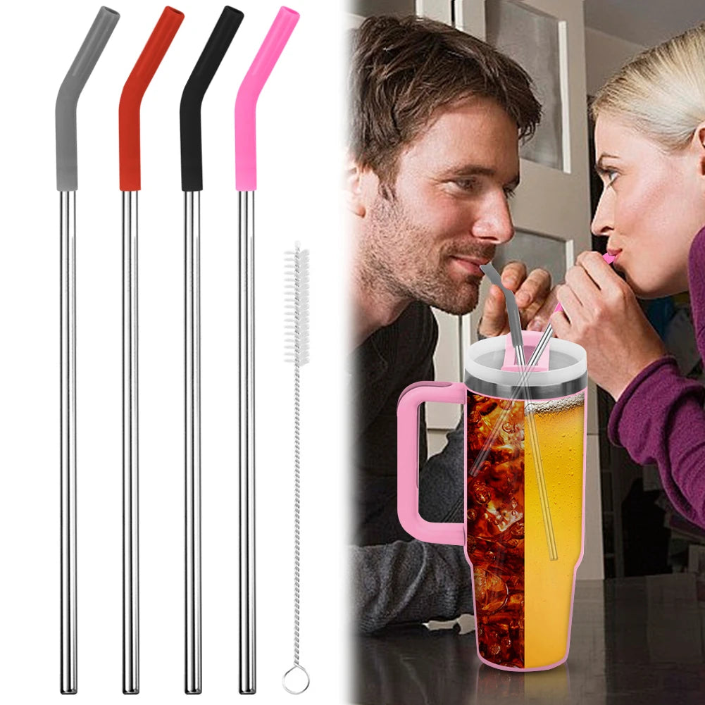 4Pcs Stainless Steel Straw with Silicone Tip Cleaning Brush Long Metal Straw with Silicone Tips for Stanley 40oz Cup Accessories Qme