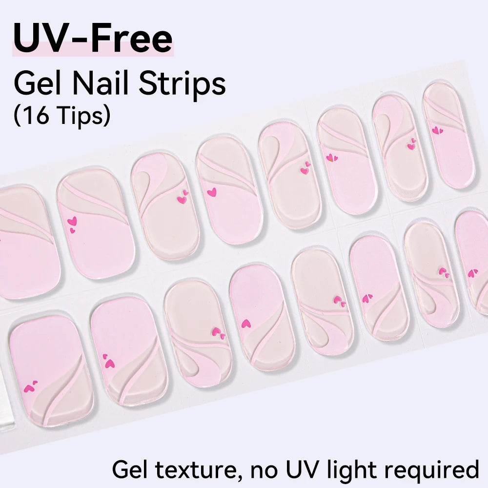16Tips Pink Red French UV-Free Gel Nail Stickers Sparkly Shinning Qme CMK-0026