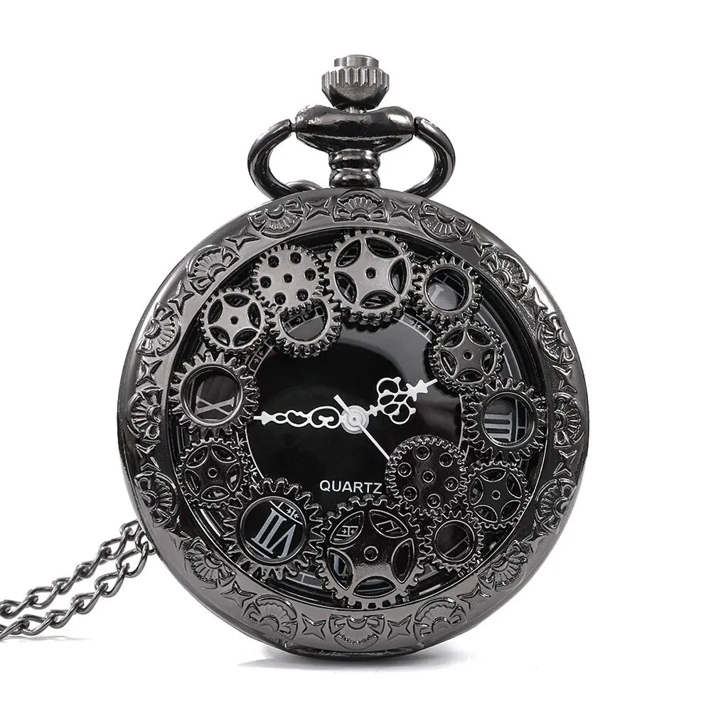 1pcs Punk Copper Retro Hollow Gear Hollow Quartz Pocket Watch Necklace Hanging Bracelet Men and Women with Chain Gift Qme
