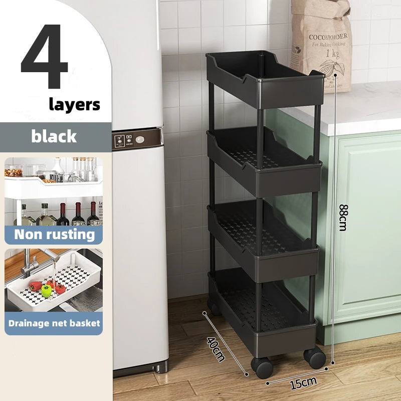 1pcs Movable Gap Storage Rack 3/4 Tier Rolling Utility Cart Storage Shelf Bathroom Organizer Kitchen Accessories Organizer Qme 4 layers-B