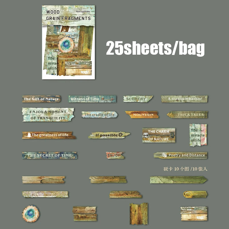 25 Sheets/Bag Wood Grain Tree Rings Themed Embossed Hard Card Stickers for DIY Scrapbook Phone Case Decoration Student Reward Qme 4