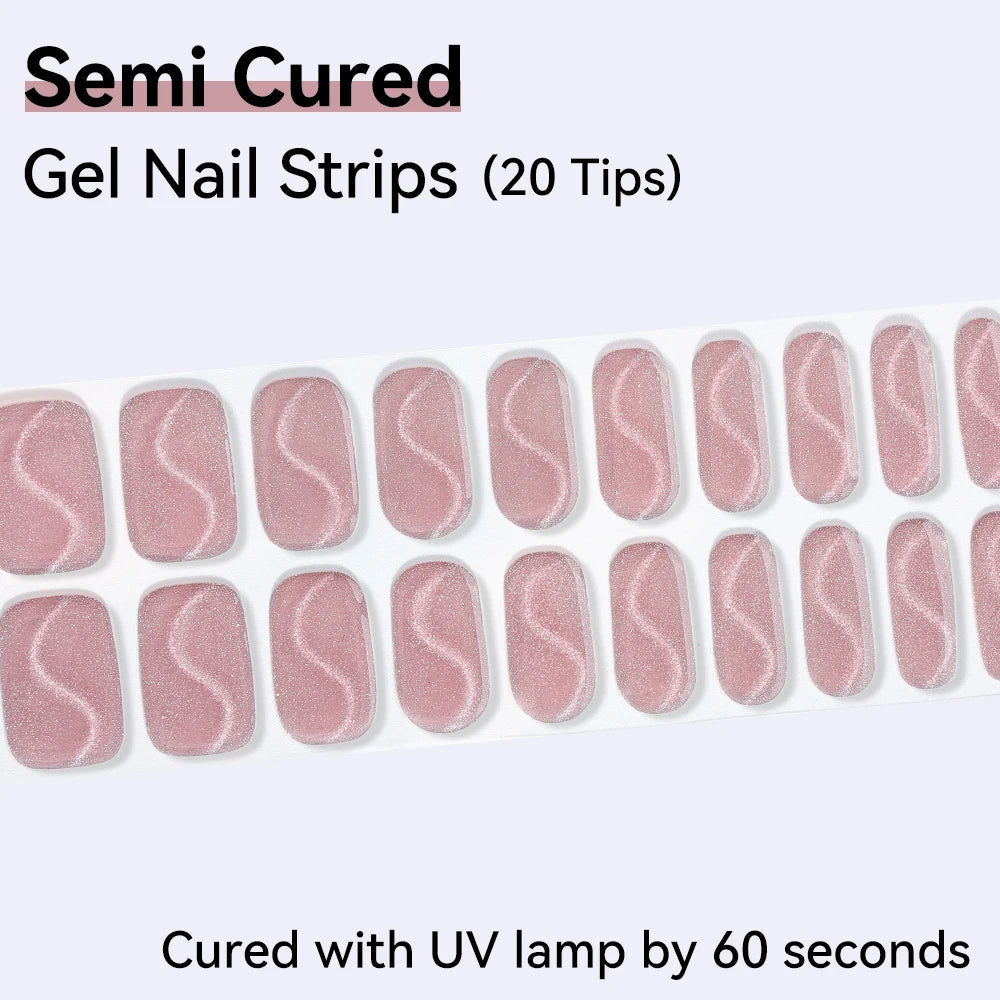 20Tips Sparkly Semi-cured Gel Nail Wraps Full Cover Shinning Pink Qme NC250014