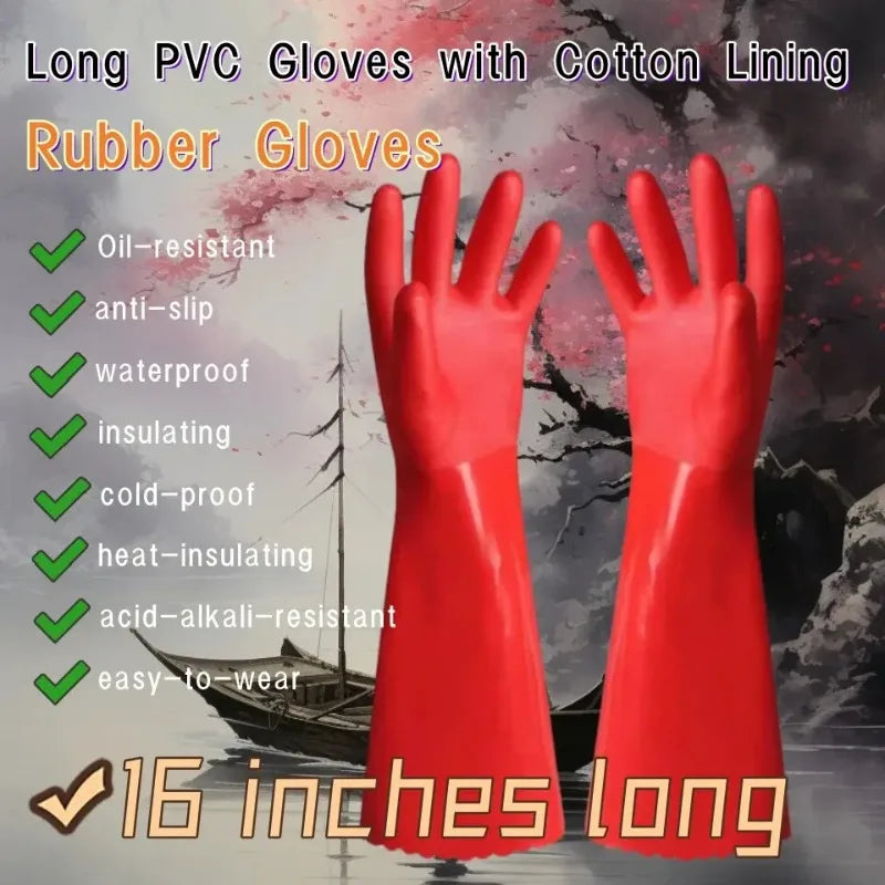 2PCS Dishwashing Gloves Fleece Lined Thick Warm Long Reusable Kitchen Household Rubber Durable for Men Women Qme