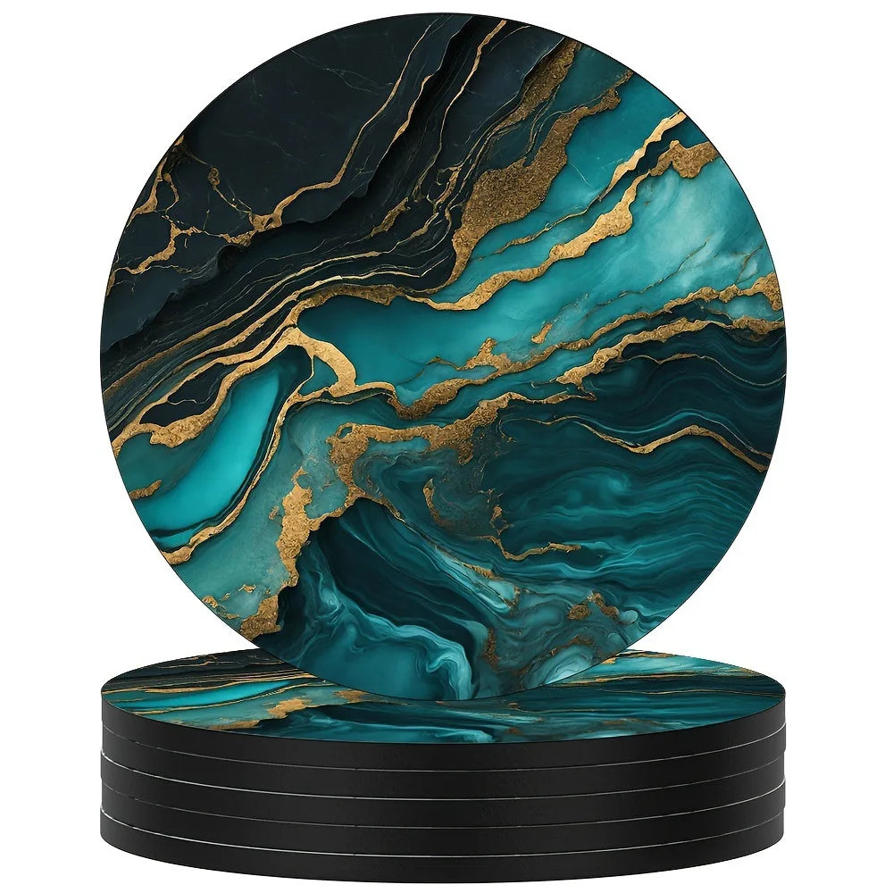 Marble Veining Wooden Drink Coasters Round Absorbent Funny Cold Qme Wooden Green 6Pcs