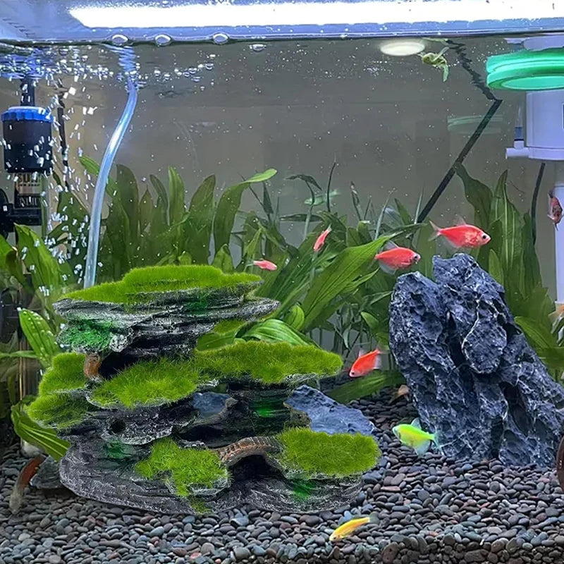 Aquarium Mountain View Stone Mossed Hideout Submersible Resin Qme
