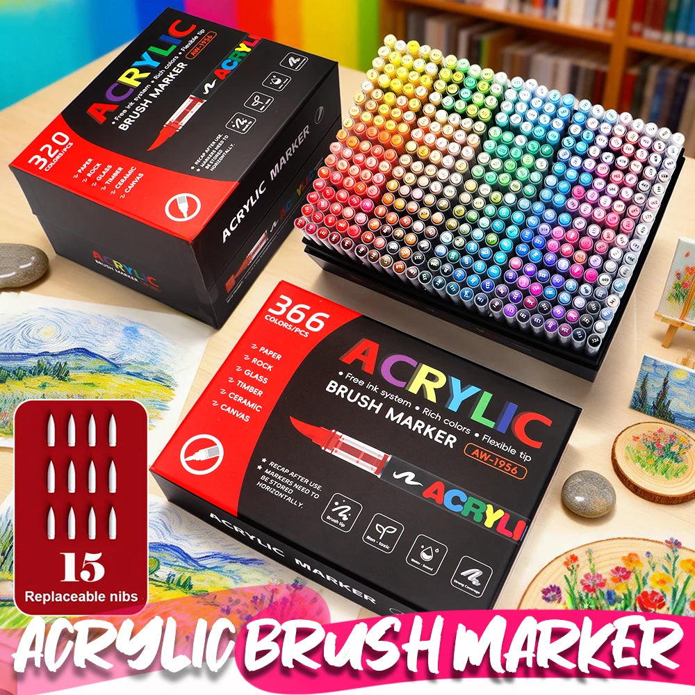 12-366 Colors Acrylic Paint Marker Pens Brush Tip Auto Ink Control Waterproof Quick Dry for Rock Painting DIY Craft Supplies Qme