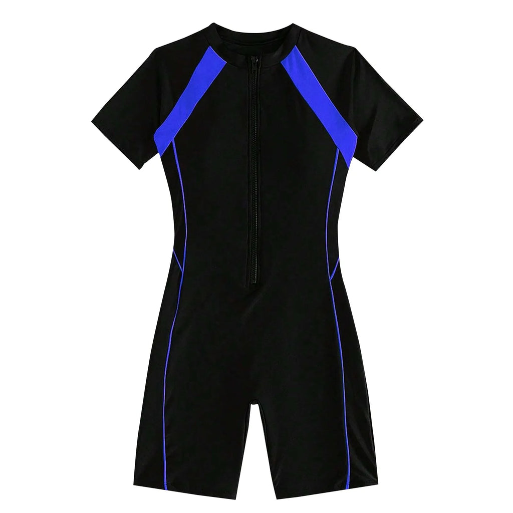 Female Summer One-piece Solid Color Patchwork Flat Angle Short Sleeved Zippered Swimsuit Sun Protection Quick-Drying Swimwear Qme