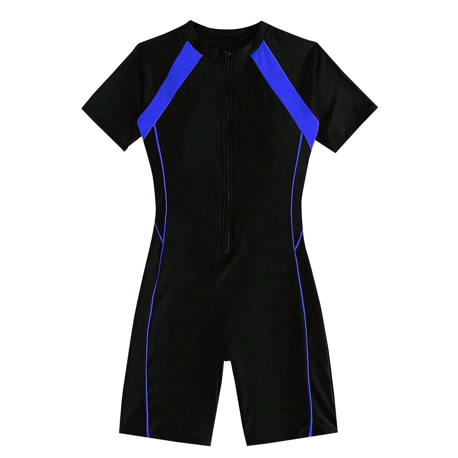 Female Summer One-piece Solid Color Patchwork Flat Angle Short Sleeved Zippered Swimsuit Sun Protection Quick-Drying Swimwear Qme