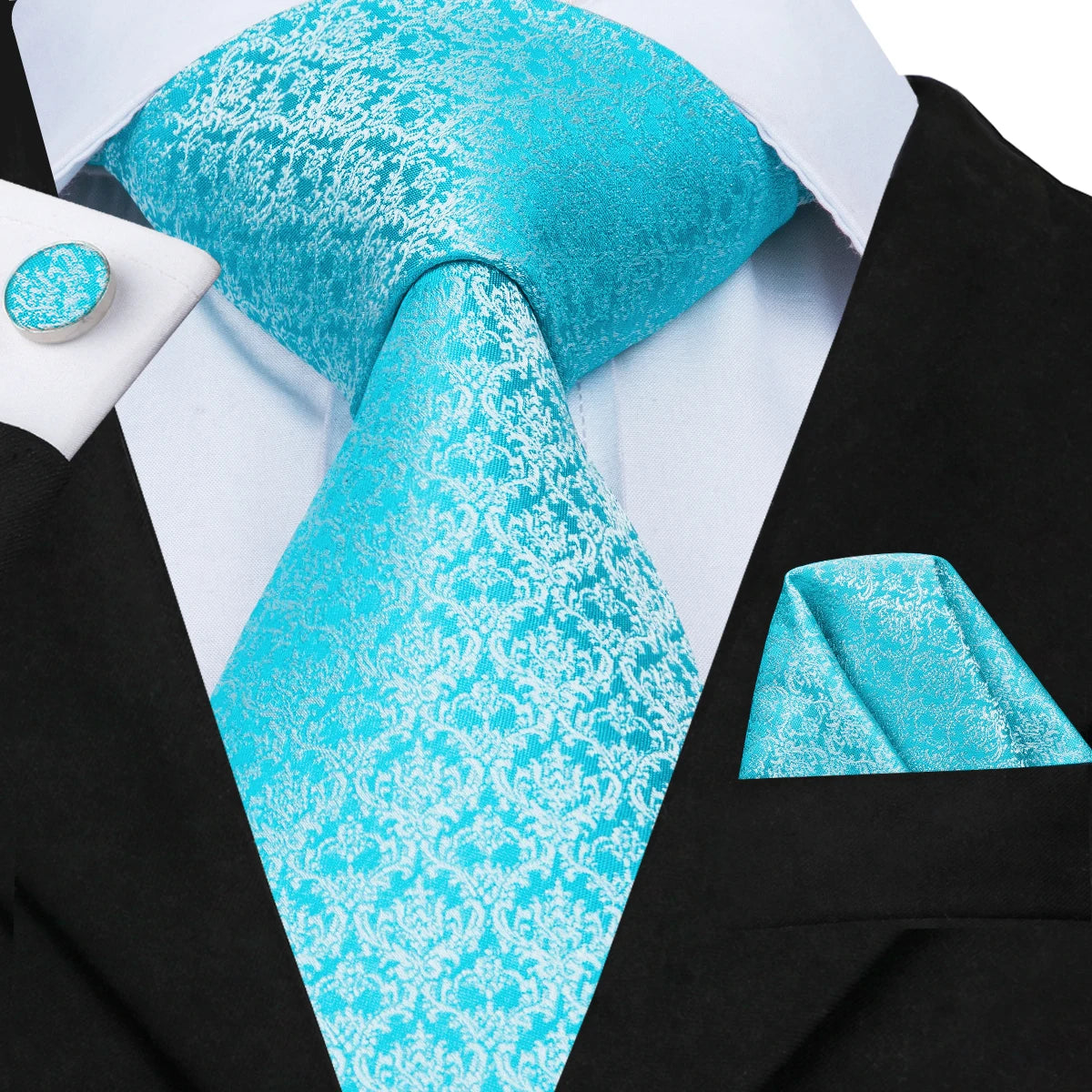 Hi-tie Light Blue Striped Novelty Wedding Tie Men Handky Cufflinks