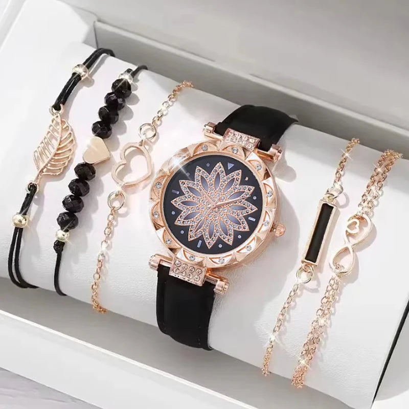 5Pcs Women Pink Suede Strap Watch Set, Floral Bezel Snowflake Dial Quartz Watch + Leaf Heart Pink Crystal Stack Bracelets Qme Silver