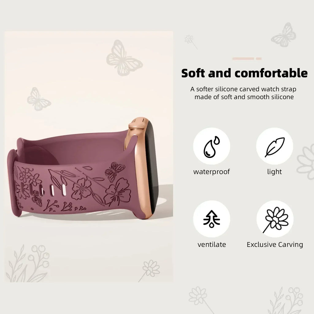 Floral Engraved Strap For Apple Watch Band 40mm 44mm 41mm 49mm 45mm 38mm 42mm silicone bracelet iwatch series 9 7 se 6 8 ultra 2 Qme