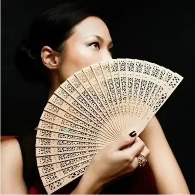 Chinese Sandalwood Scented Folding Hollow Wooden Fans Hand Held Home Qme