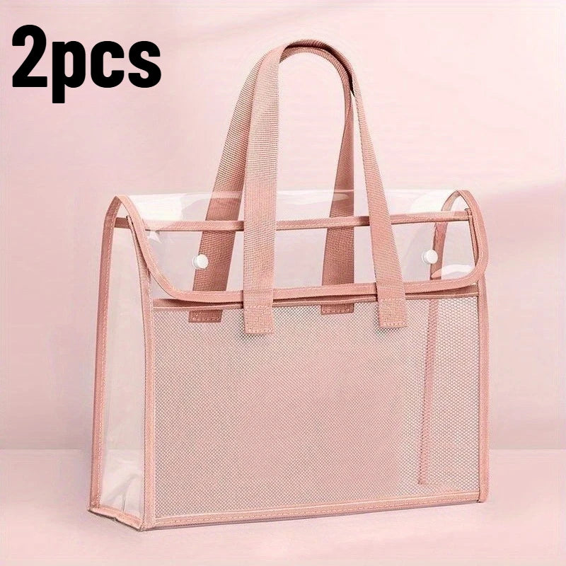2pcs Large-capacity Transparent PP File Bag, Suitable for Stationery- Durable Portable File Box with Visible Content Design Qme Pink