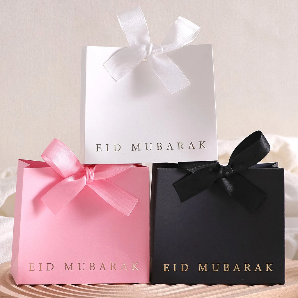 10Pcs, Eid Mubarak Laminated Mini Gift Boxes, Classic Black, White and Pink, with Elegant Ribbon, Size: 11.5*10 * 4.5cm - Perfe Qme