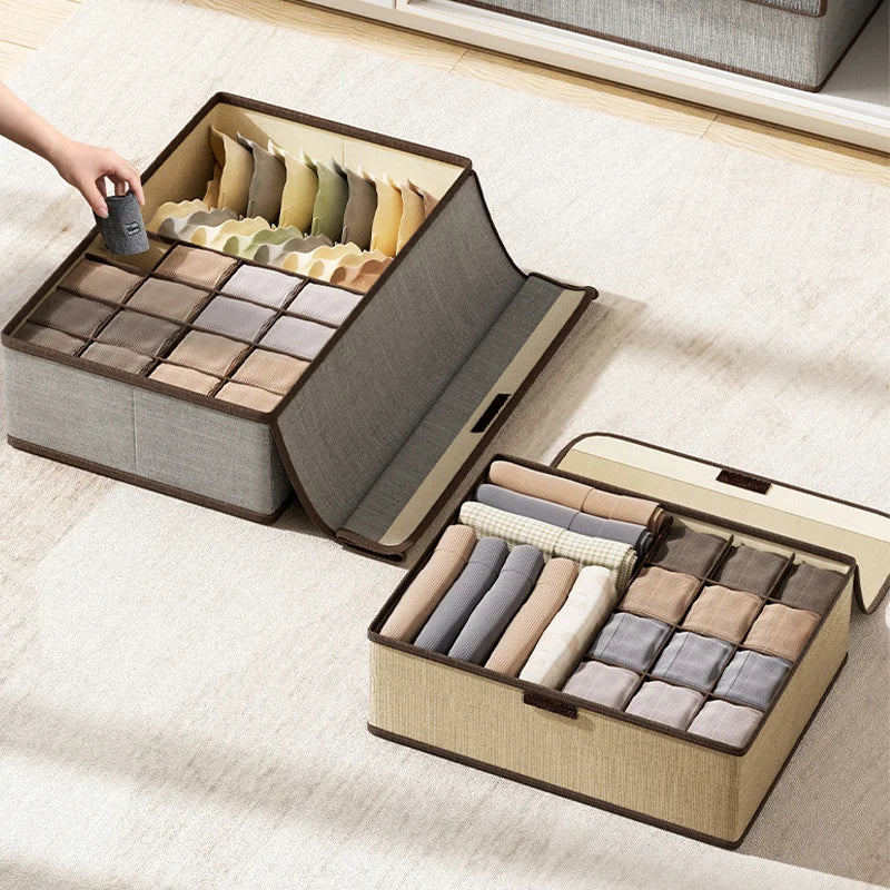 Underwear Storage Box Cotton And Linen Six-compartment Compartment With Lid Underwear Box With Compartments Drawer Style Qme