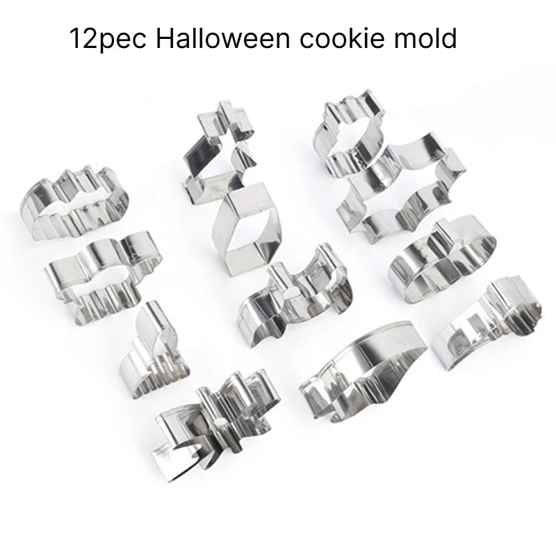A 12 piece set of stainless steel Halloween cookie molds DIY baking tools Cute cartoon cookie molds Pumpkin skull cookie touch Qme 12PCS biscuit mold