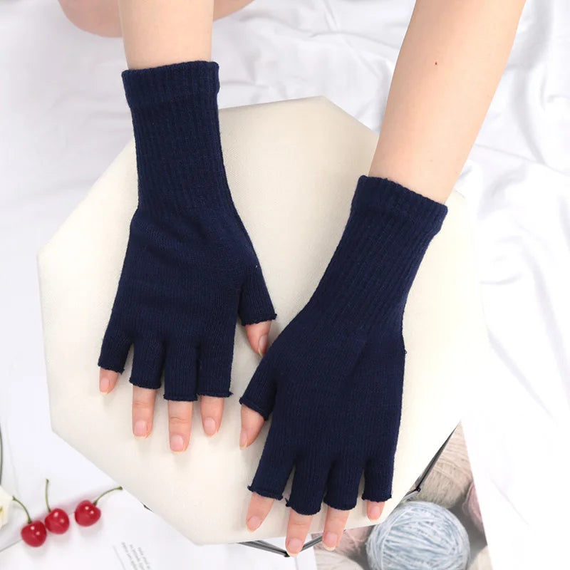 Long Gloves Black Fingerless Knitted Gloves for Men Women Warm Stretch Elastic Fashion Winter Outdoor Mitten Cycling Accessories Qme Navy Blue one size