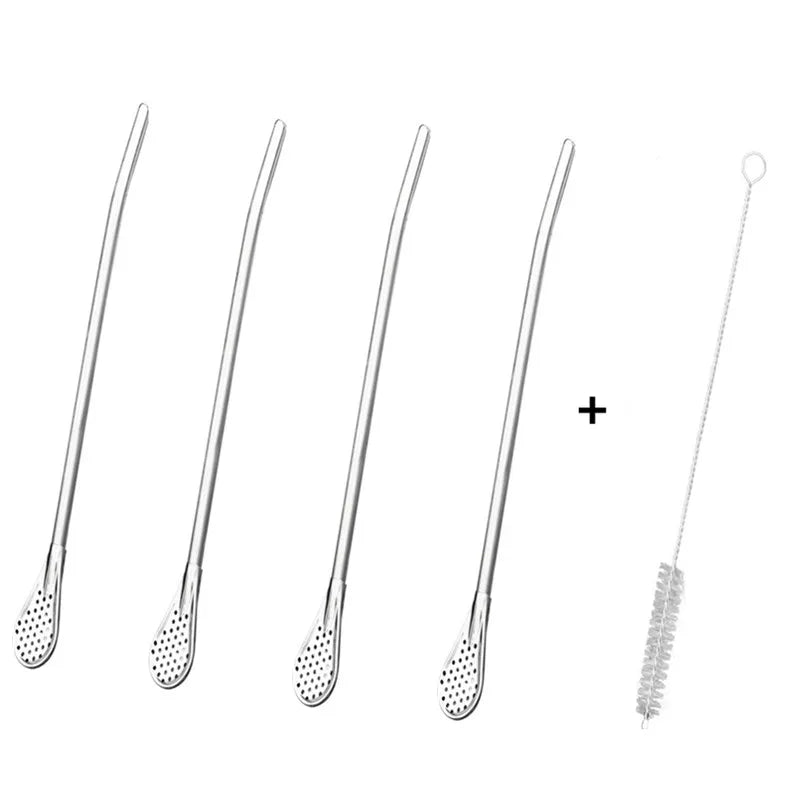 Stainless Steel Drinking Straw Spoon Tea Filter Detachable Reusable Metal Straws with Brush Drinkware Bar Party Tool Accessories Qme 4PCS