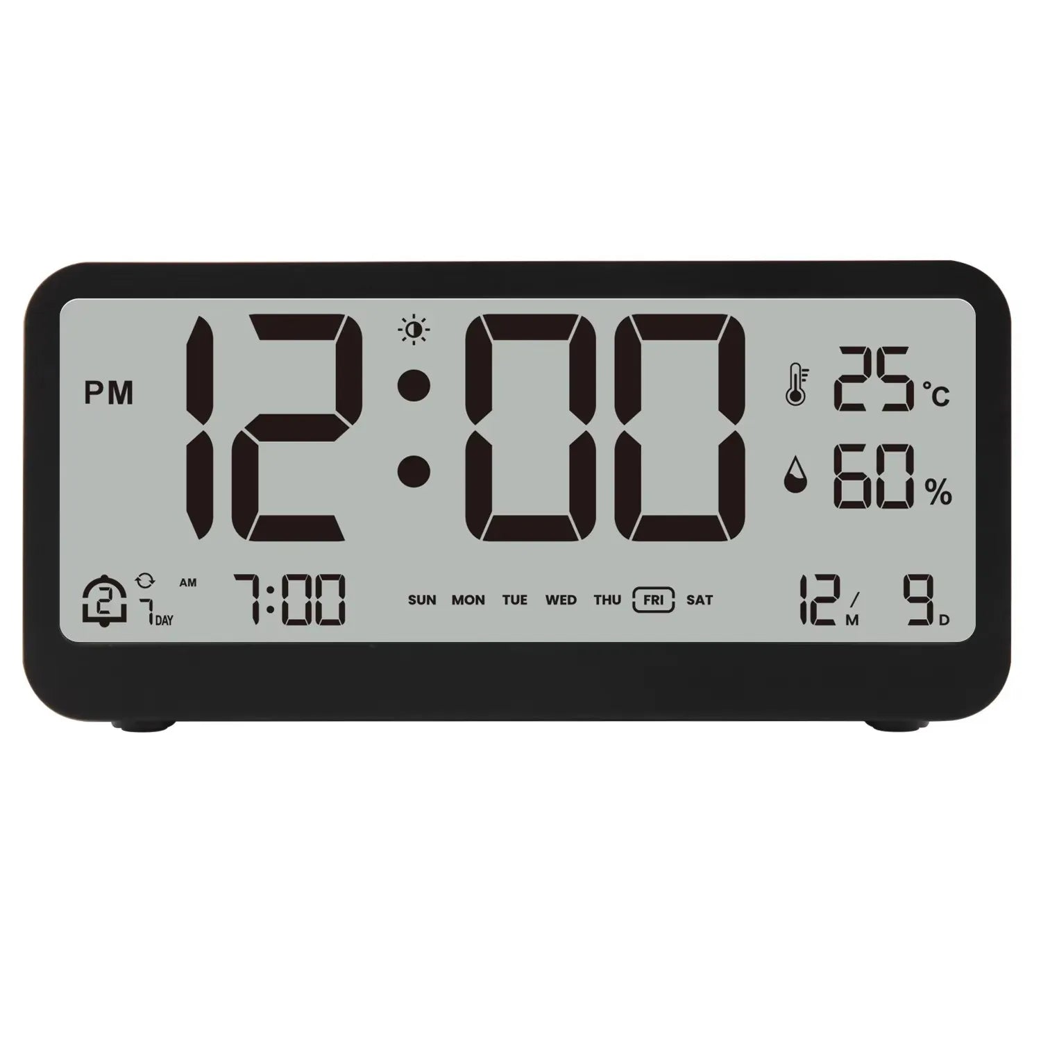 8001-EN Multifunctional Digital Clock LED Brightness Adjustable Temperature Humidity Displaying Alarm Clock with Dual Modes Qme Black