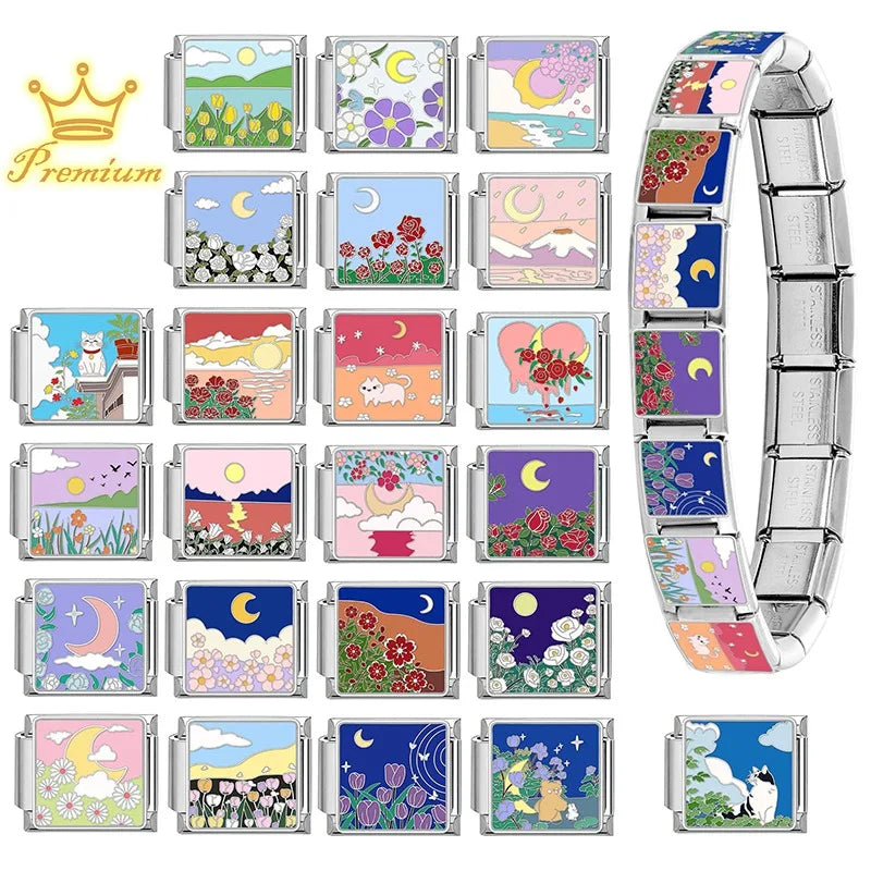 Drop Shipping 2026 Romantic Dreamy Moon Flower Sea Italian Charm Links Fit 9mm Stainless Steel Bracelets Wholesale Jewelry DIY Qme