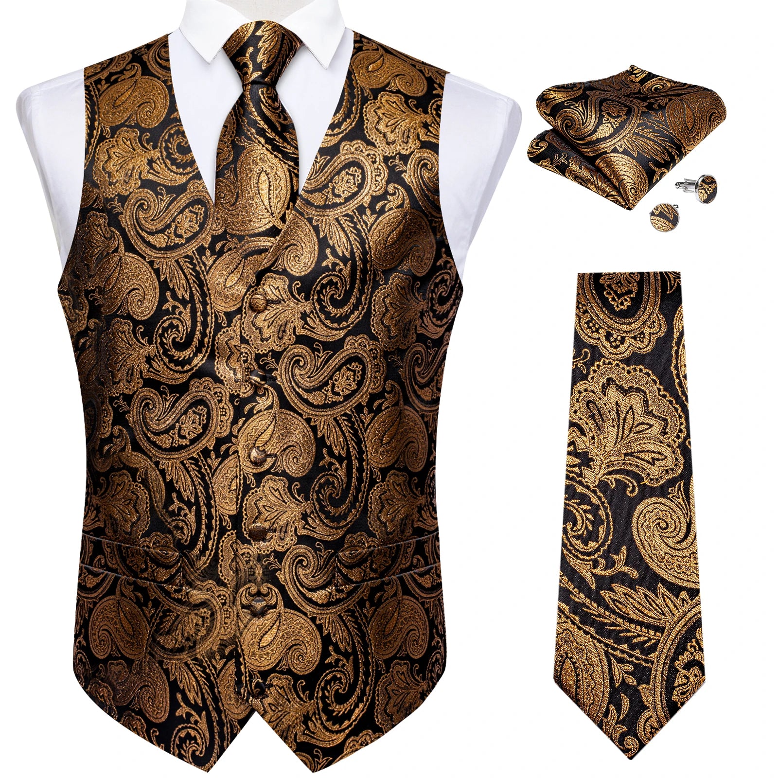 Men's Paisley Suit Vest Tie Formal Waistcoat Necktie Pocket Square Qme MJTZ0152 S
