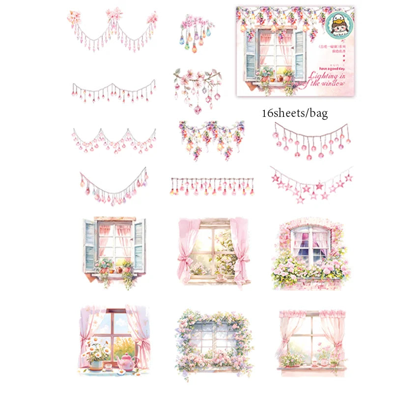 16 Sheets/Bag Window Frame Light Fringe PET Stickers Pack for Scrapbook Journal DIY Planner Phone Case Notebook Decoration Gift Qme 2