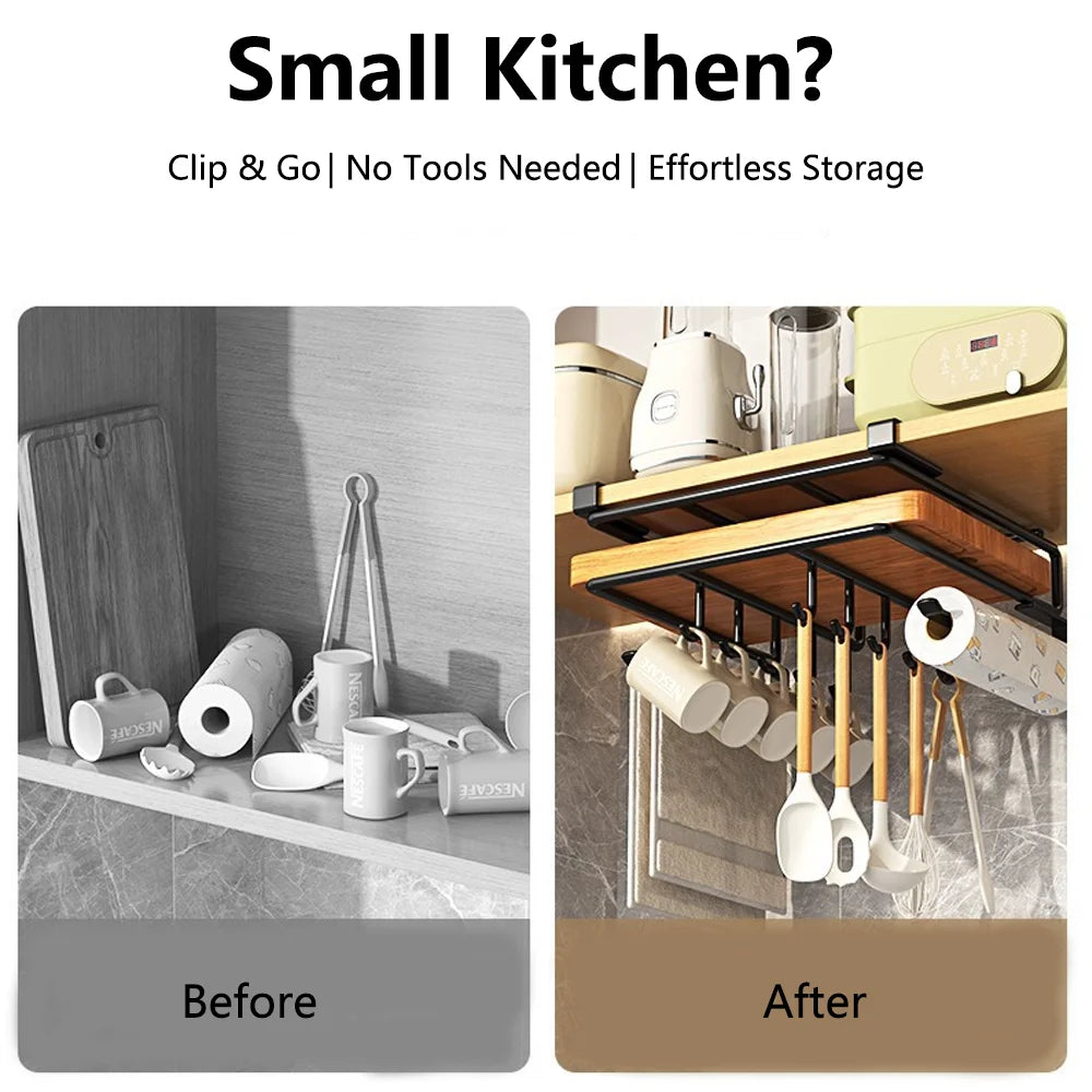 Multi-Purpose Under Cabinet Organizer with Hooks, No-Drill Wall Mounted Cutting Board Holder & Pot Lid Rack for Kitchen Qme