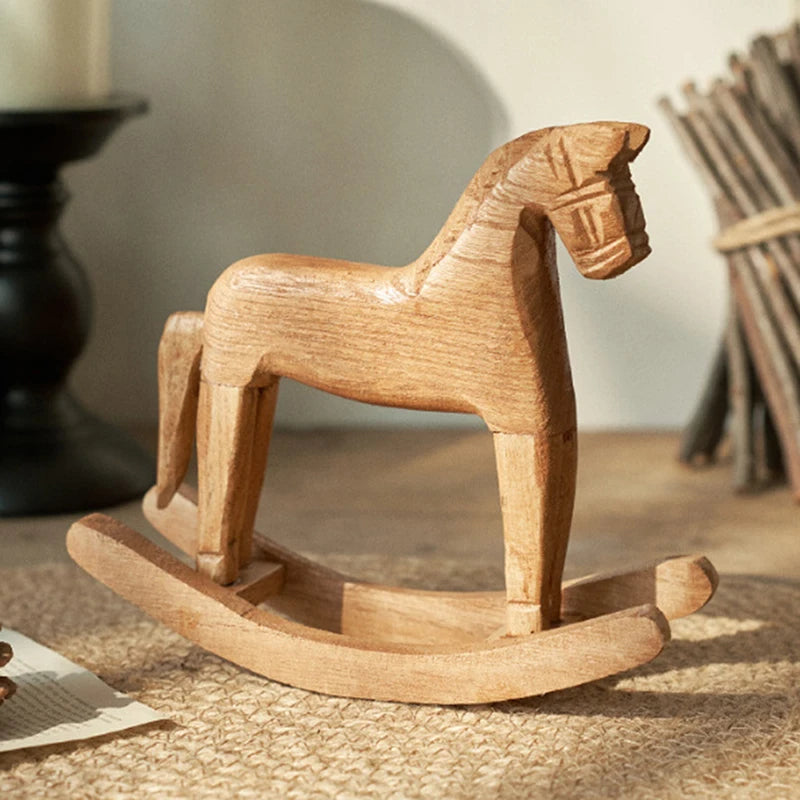 Wooden Crafts Rocking Horse Statue Balance Art Figurines Home Decor Qme