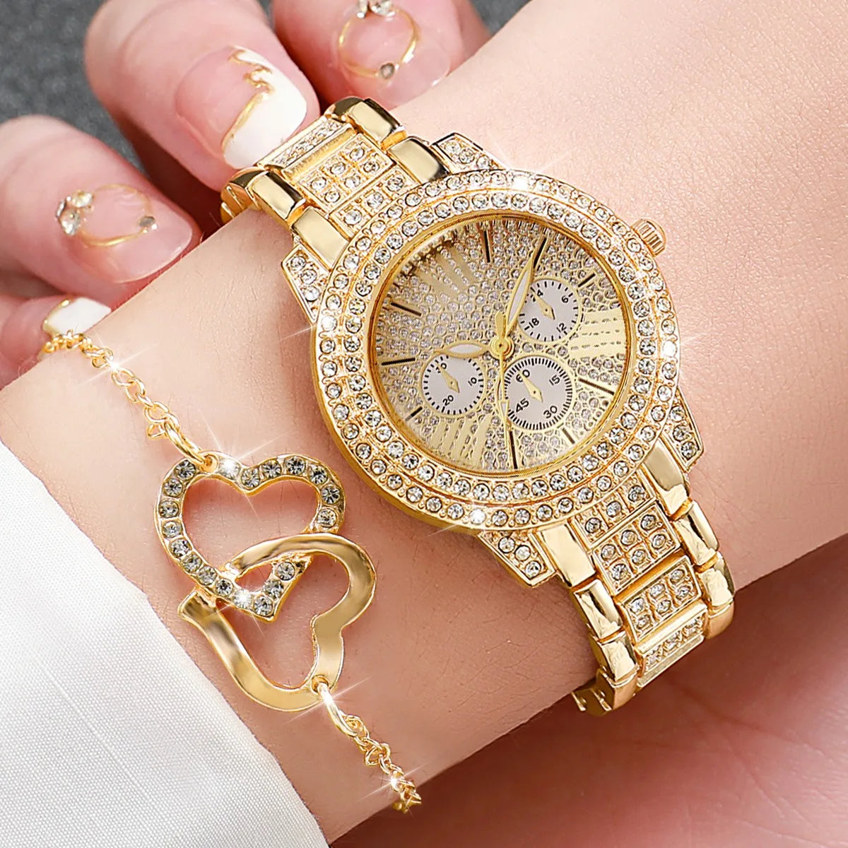 Luxury 5 In 1 Full Crystal Gold Watch Interlocking Heart Necklace Earrings Ring Bracelet Set Qme