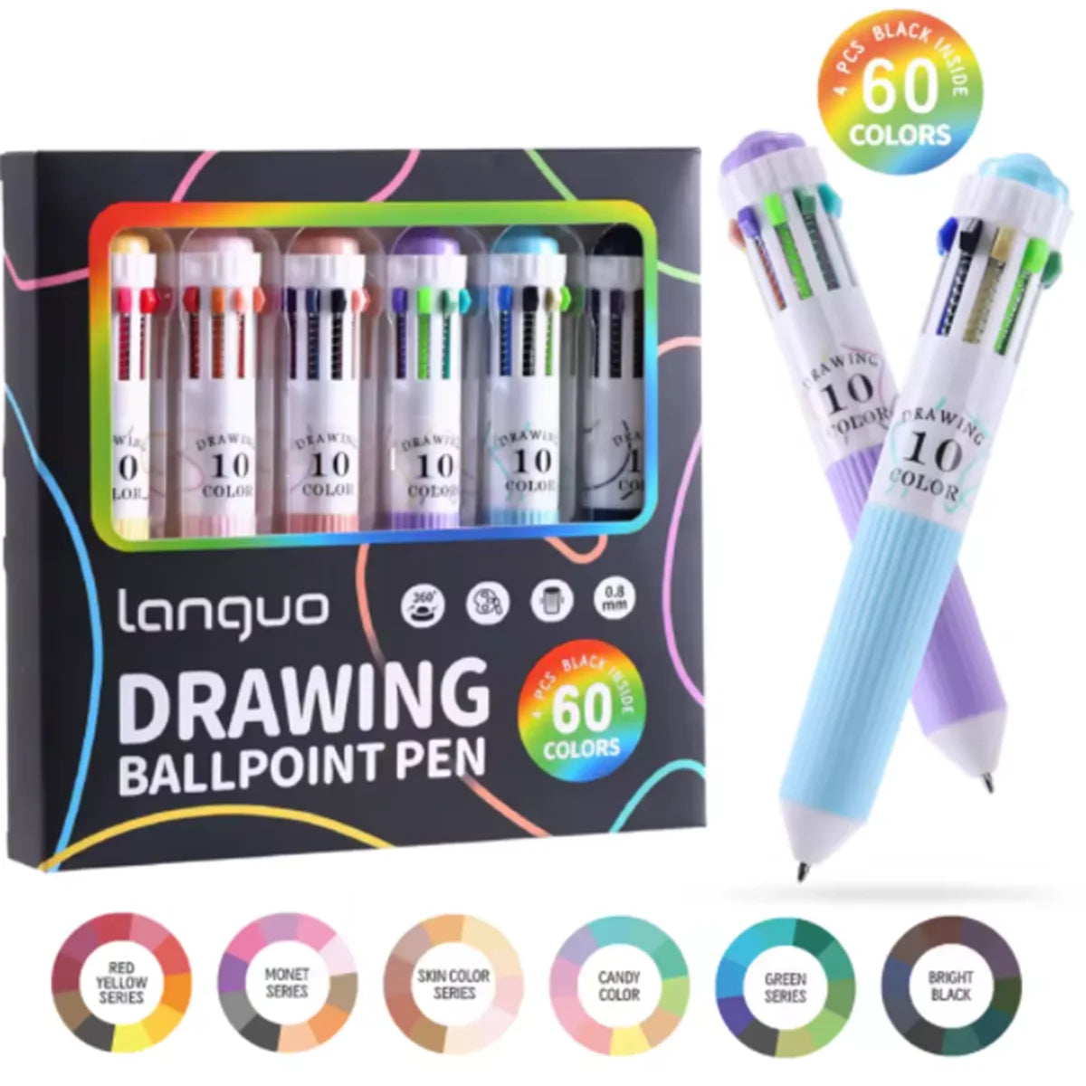 3-6 Pack Multicolor Pens, 28-60 Colors, 10-in-1 Colored Ballpoint Pen,0.8mm Fine Point Smooth Writing,Retractable Ballpoint Pens Qme 60 colors